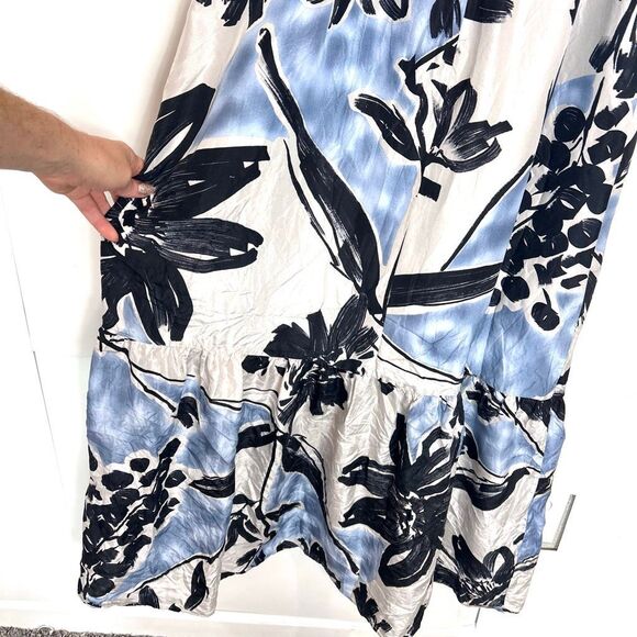 BCBGMAXAZRIA Silk Maxi Dress 6 White Blue Sleeveless Floral Abstract Ruffle Long - Picture 7 of 15
